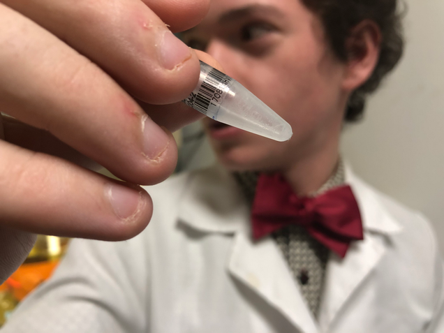 A Prophase Labs biohacker with the DNA that forms the basis of the HIV vaccine. Image: Kristen V. Brown
